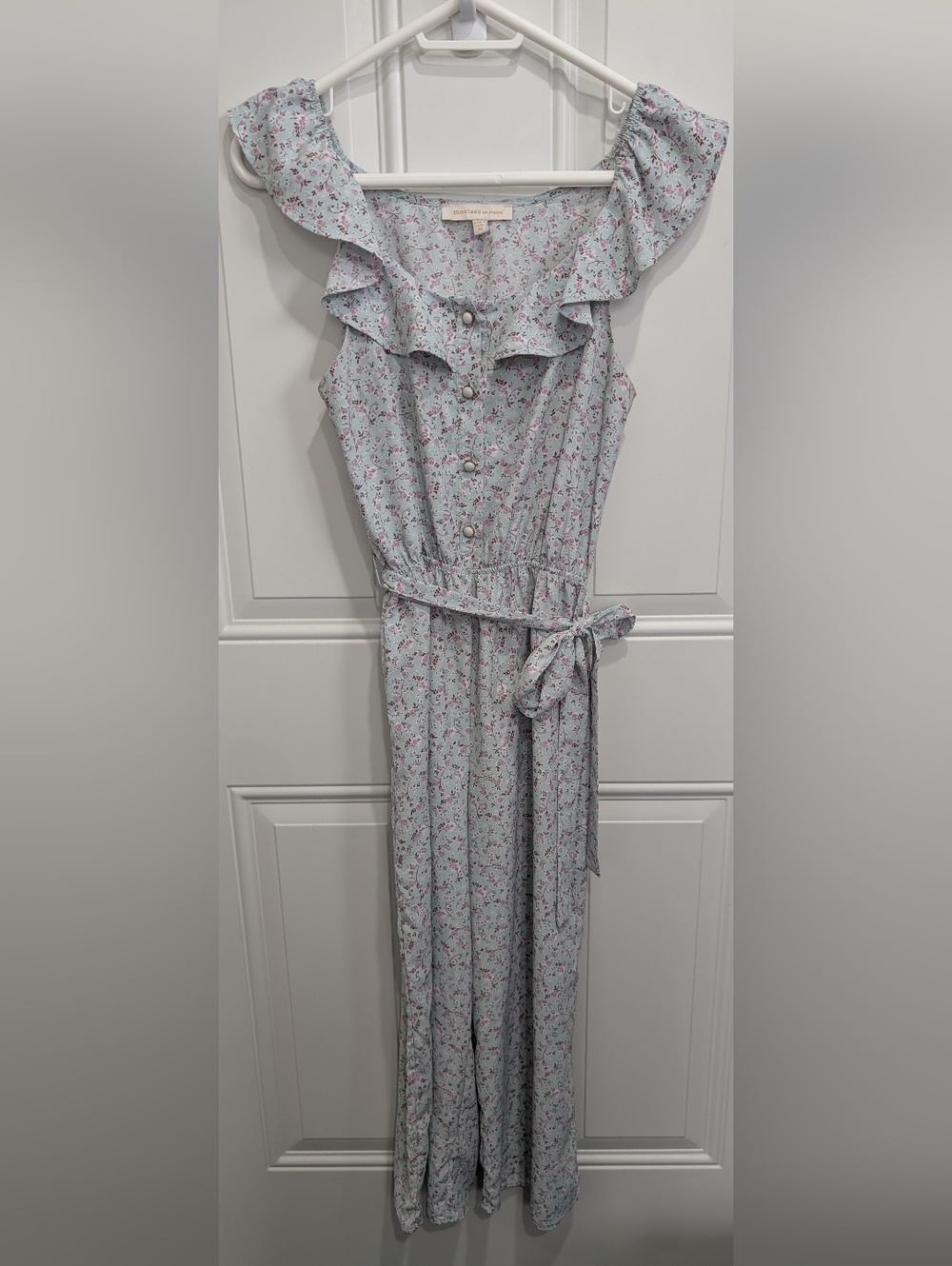 Ruffled Floral Button-Front Jumpsuit in Light Blue